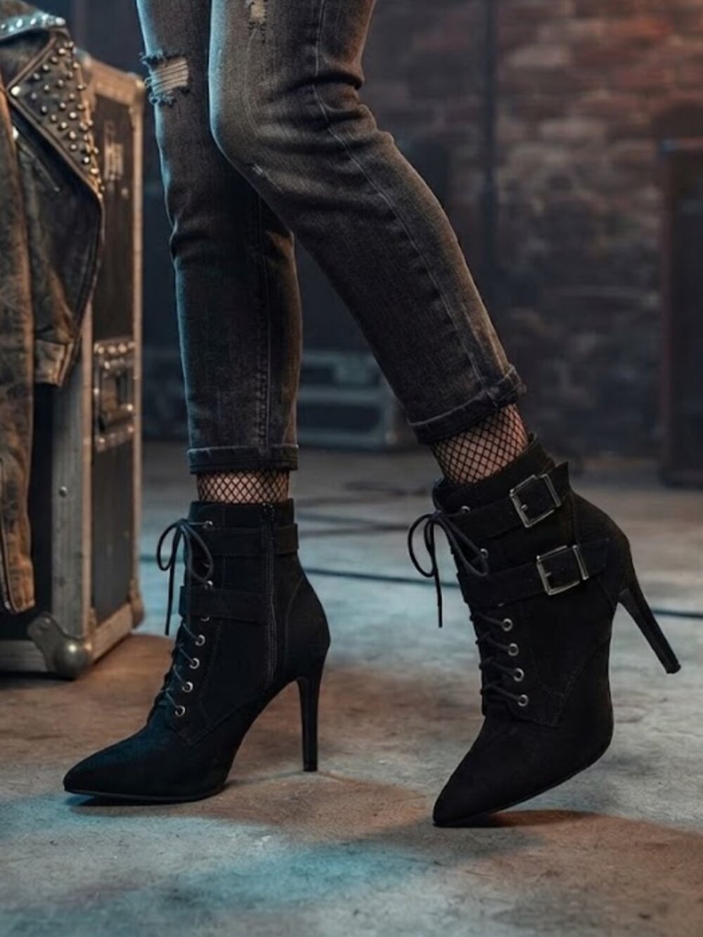 Shoedazzle Maxwell Black Suede Stiletto Heeled Booties Buckle Lace Up Size 6